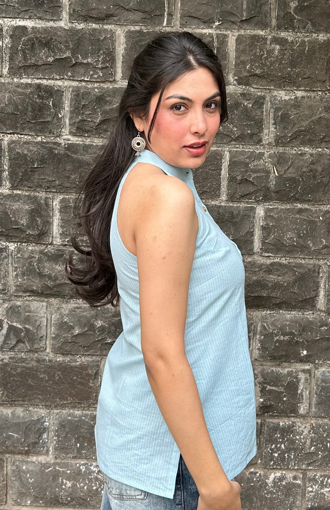 Sky Blue Color Kantha Mandarin Collar Halter Neck Shirt