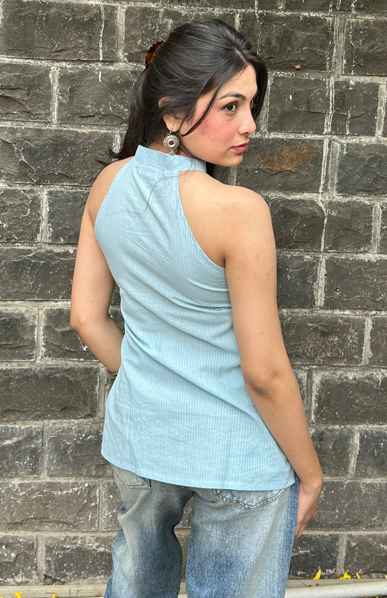 Sky Blue Color Mandarin Collar Halter Neck Shirt