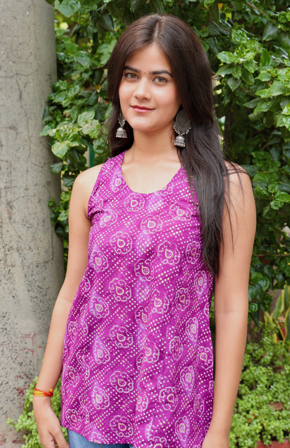 Purple Bandhani Print  Sleeveless Short Kurti cotton Top
