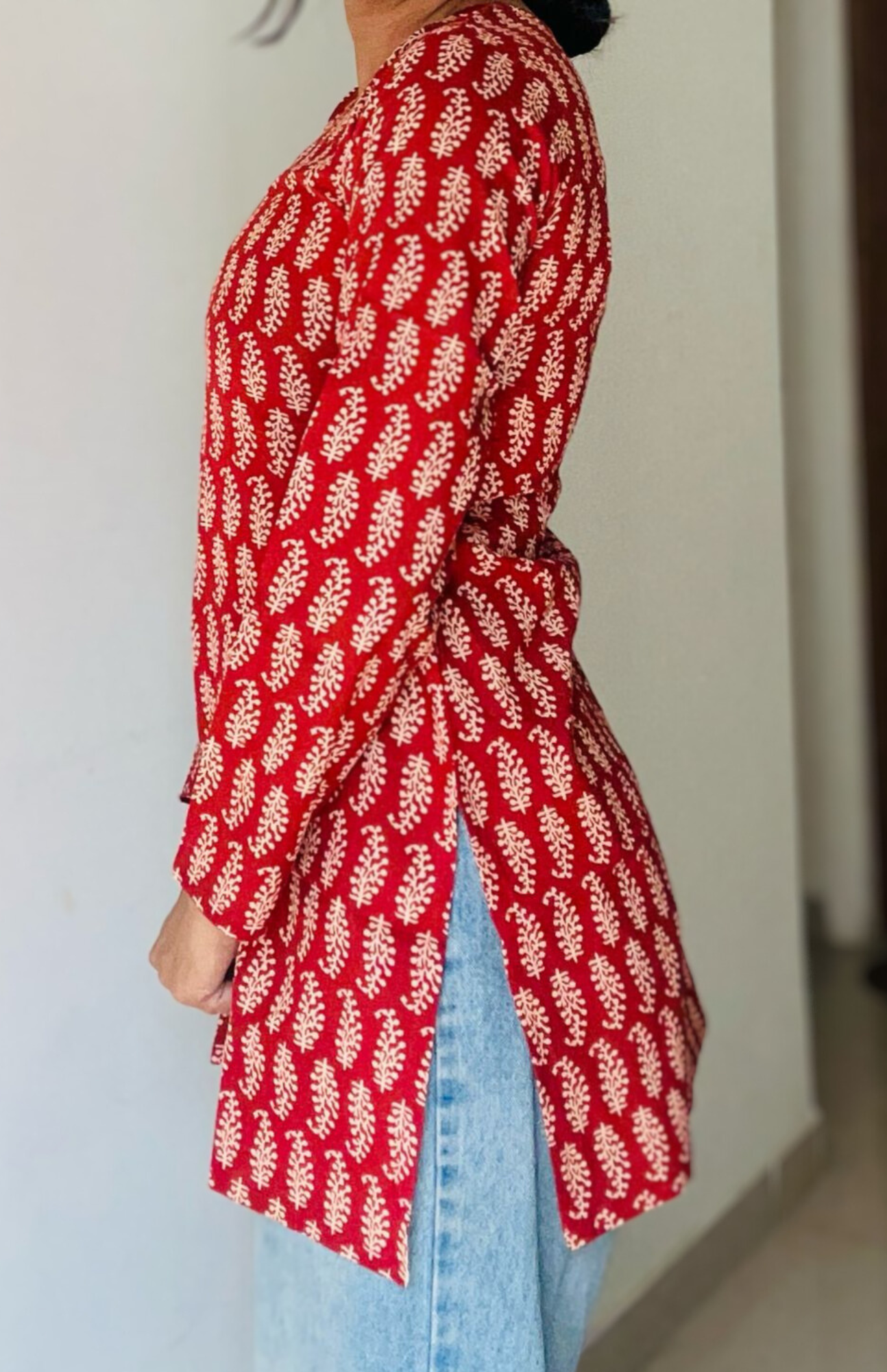 V Neck Maroon Color Leaf Print Cotton Short Kurti