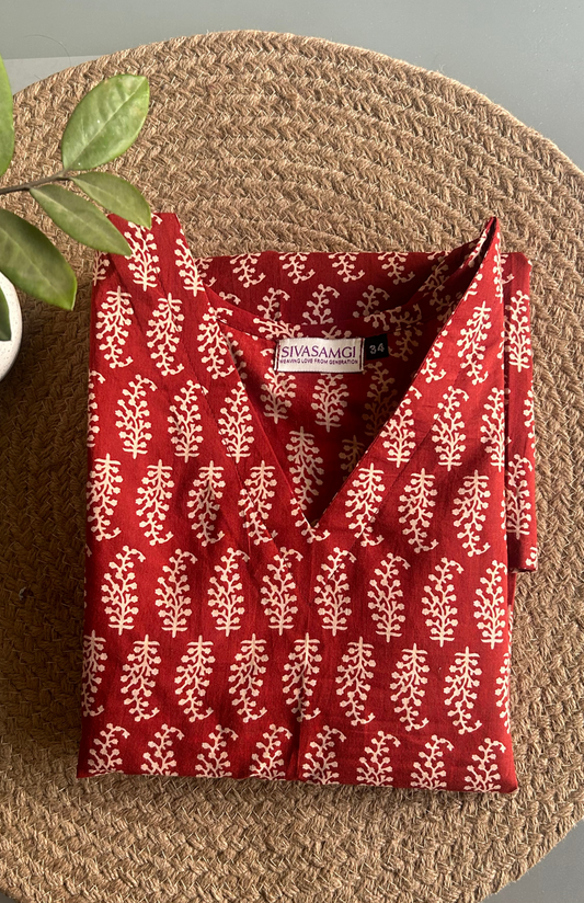 V Neck Maroon Color Leaf Print Cotton Short Kurti