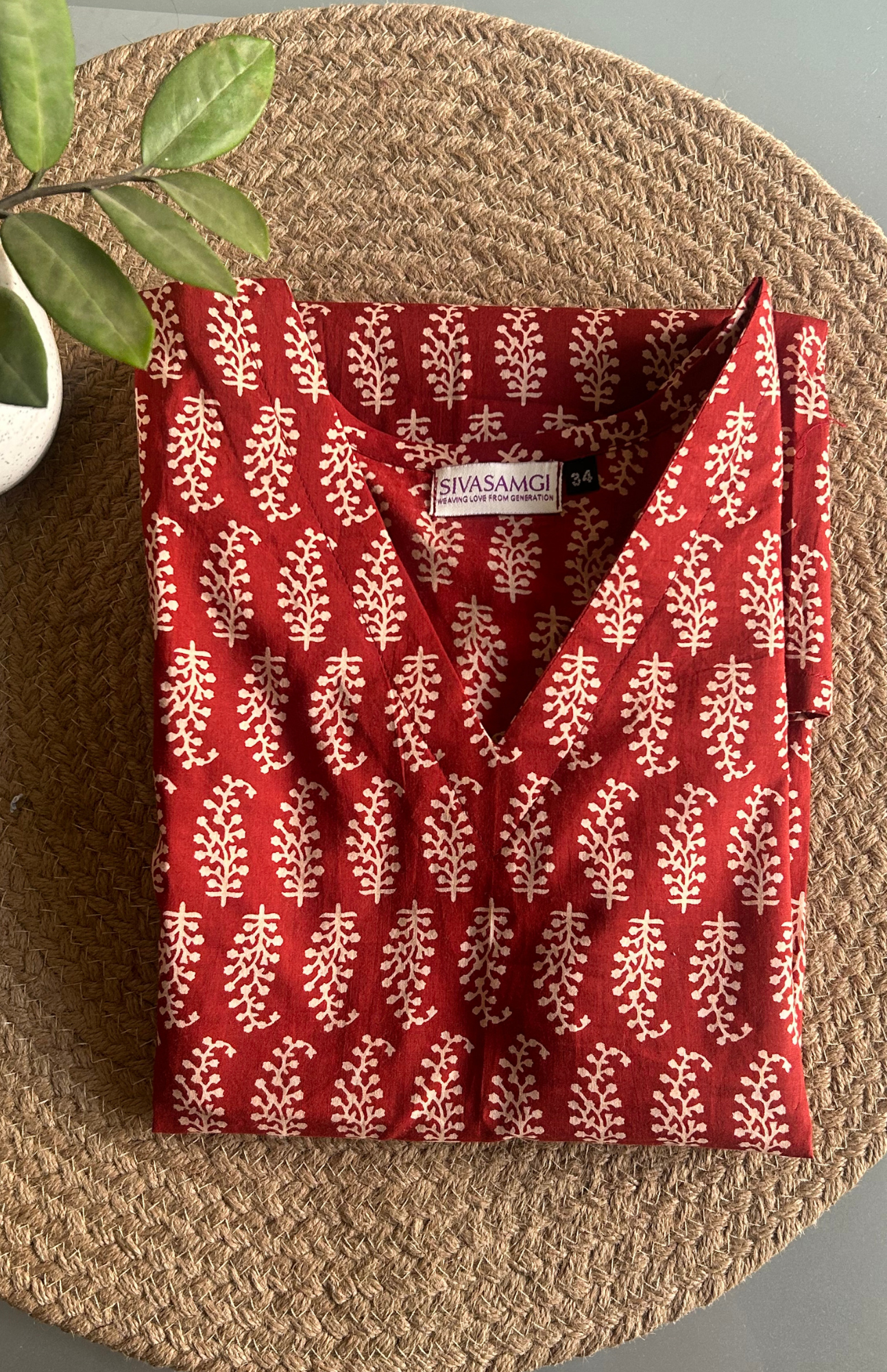 V Neck Maroon Color Leaf Print Cotton Short Kurti
