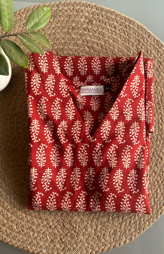 v neck maroon color leaf print cotton short kurti