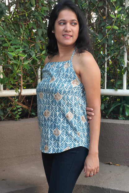 Blue Backless Halter Neck Cotton Top