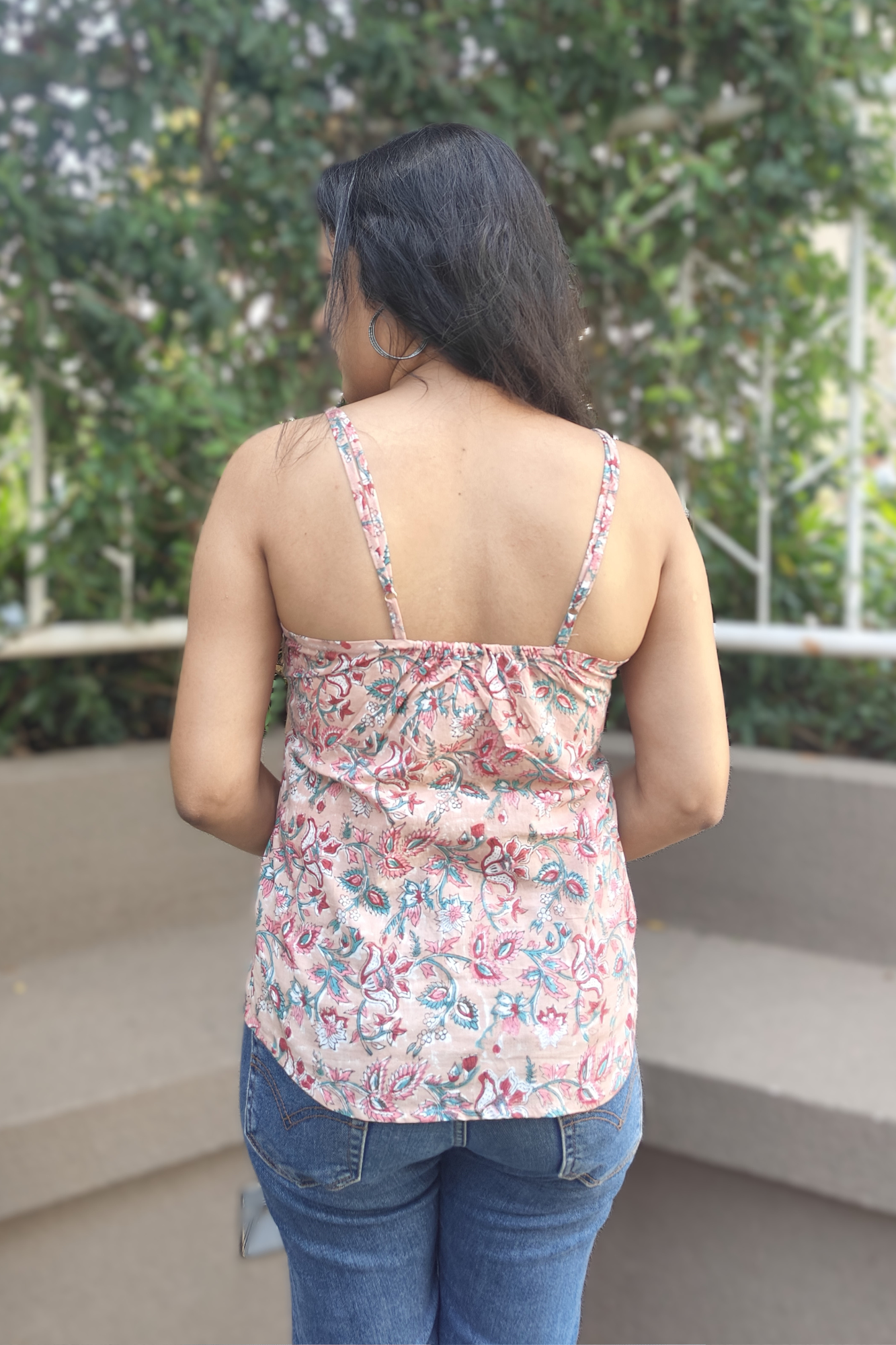 Pinkish Peach Floral Printed Camisole Cotton Top