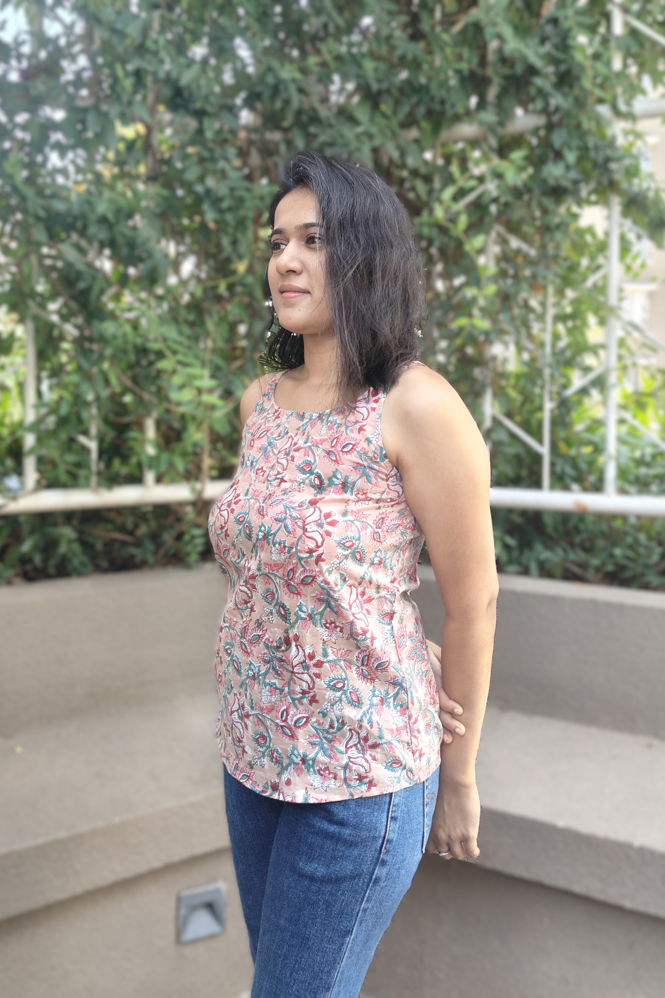 Pinkish Peach Floral Printed Camisole Cotton Top