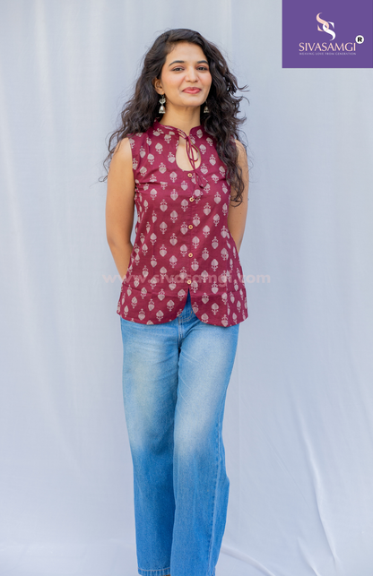 Wine maroon butti print cotton sleeveless top for women front view
