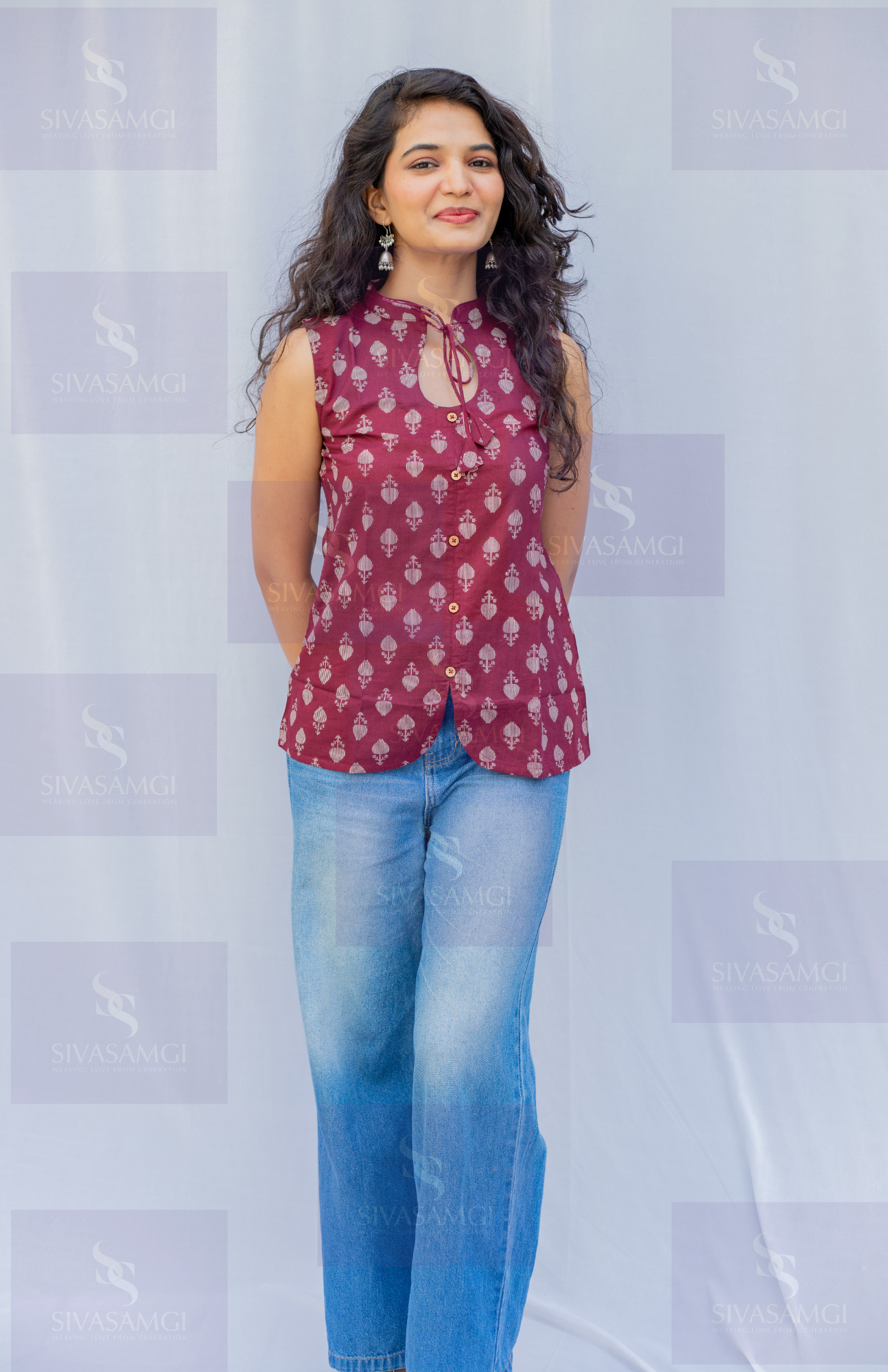 Wine maroon butti print cotton sleeveless stop for women front view