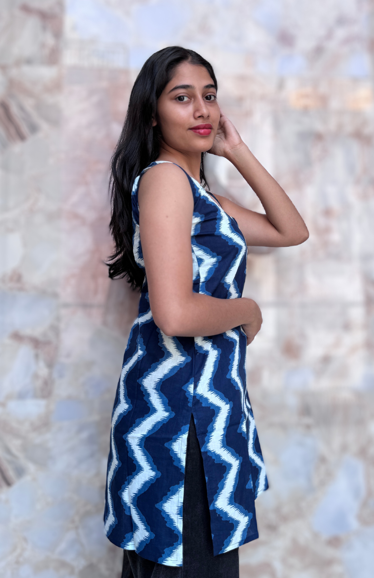 Dark Blue Sqaure Neck With Deep Back Sleeveless Short Cotton Kurti