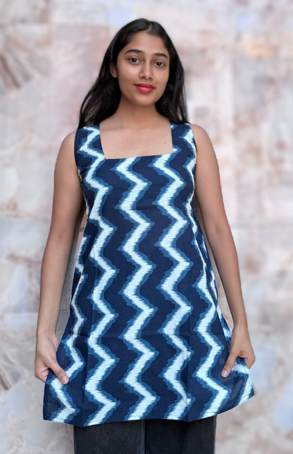 Dark Blue Sqaure Neck With Deep Back Sleeveless Short Cotton Kurti