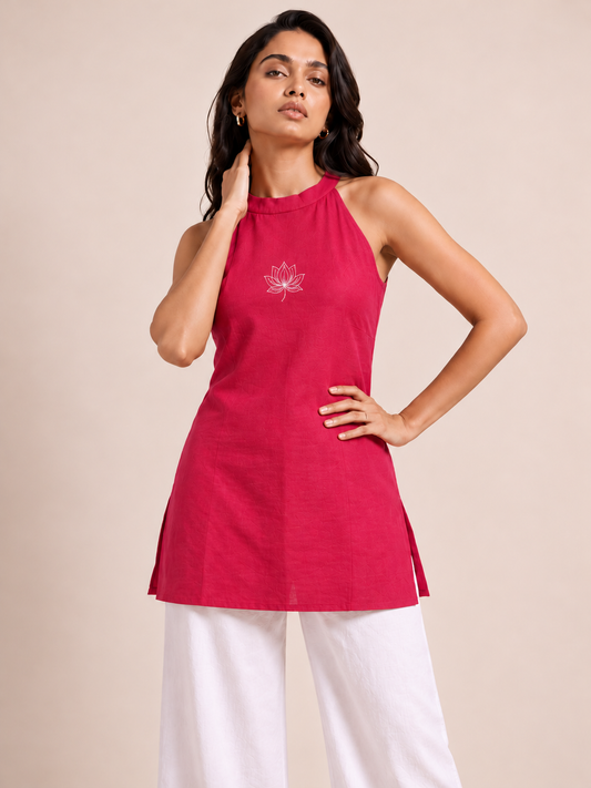 Three-quarter view of pink lotus embroidered short kurti