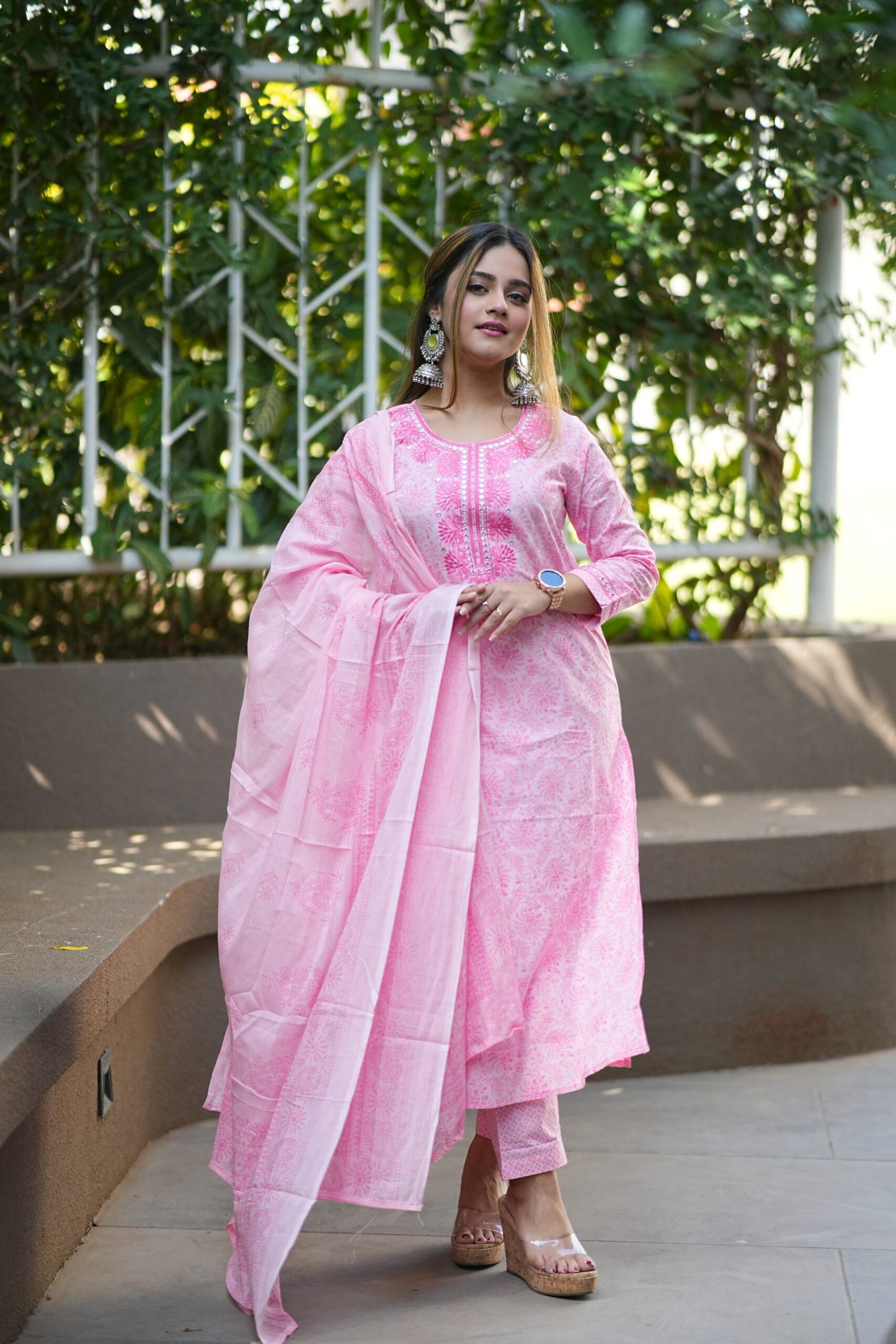 Baby Pink Printed Neck Embroidered Kurta With Trouser Pants & Dupatta Set