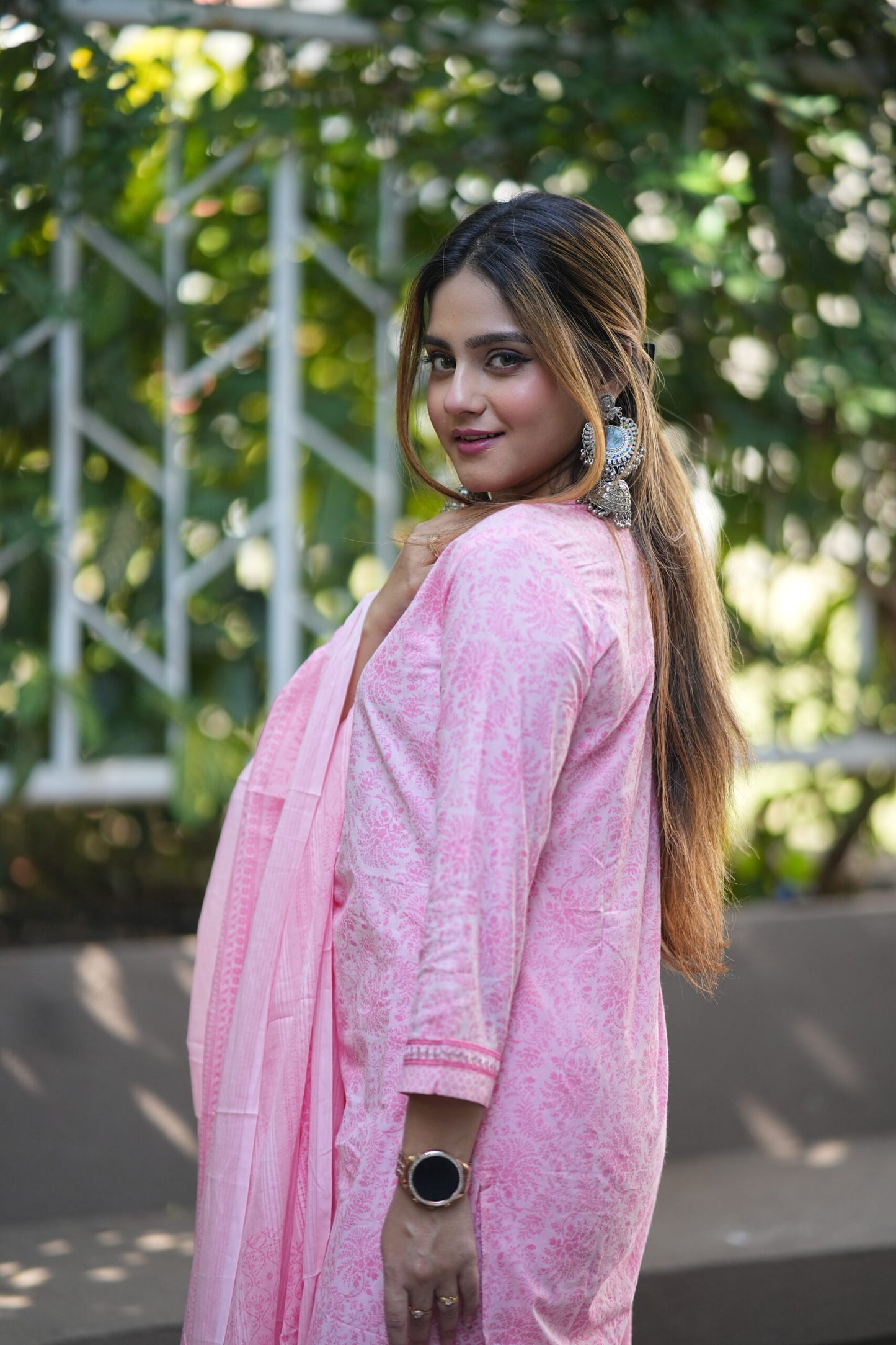 Baby Pink Printed Neck Embroidered Kurta With Trouser Pants & Dupatta Set